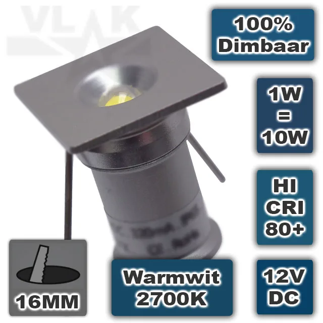 Vierkante mini ledspot inbouw 12Vdc 1W Dimbaar 2700K Warmwit - Afbeelding 2