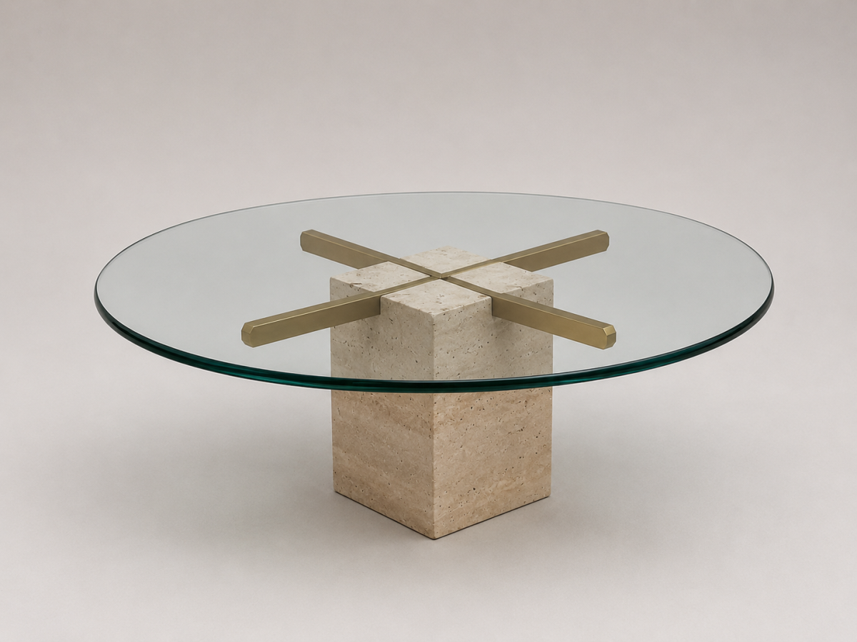 Vintage Ronde Salontafel met Dik Glazen Blad en Travertin Onderstel - Afbeelding 3