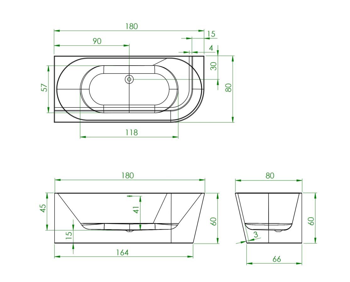 Xenz Milan 180×80 cm half vrijstaand hoekbad links mat wit met sleuf overloop - Afbeelding 3