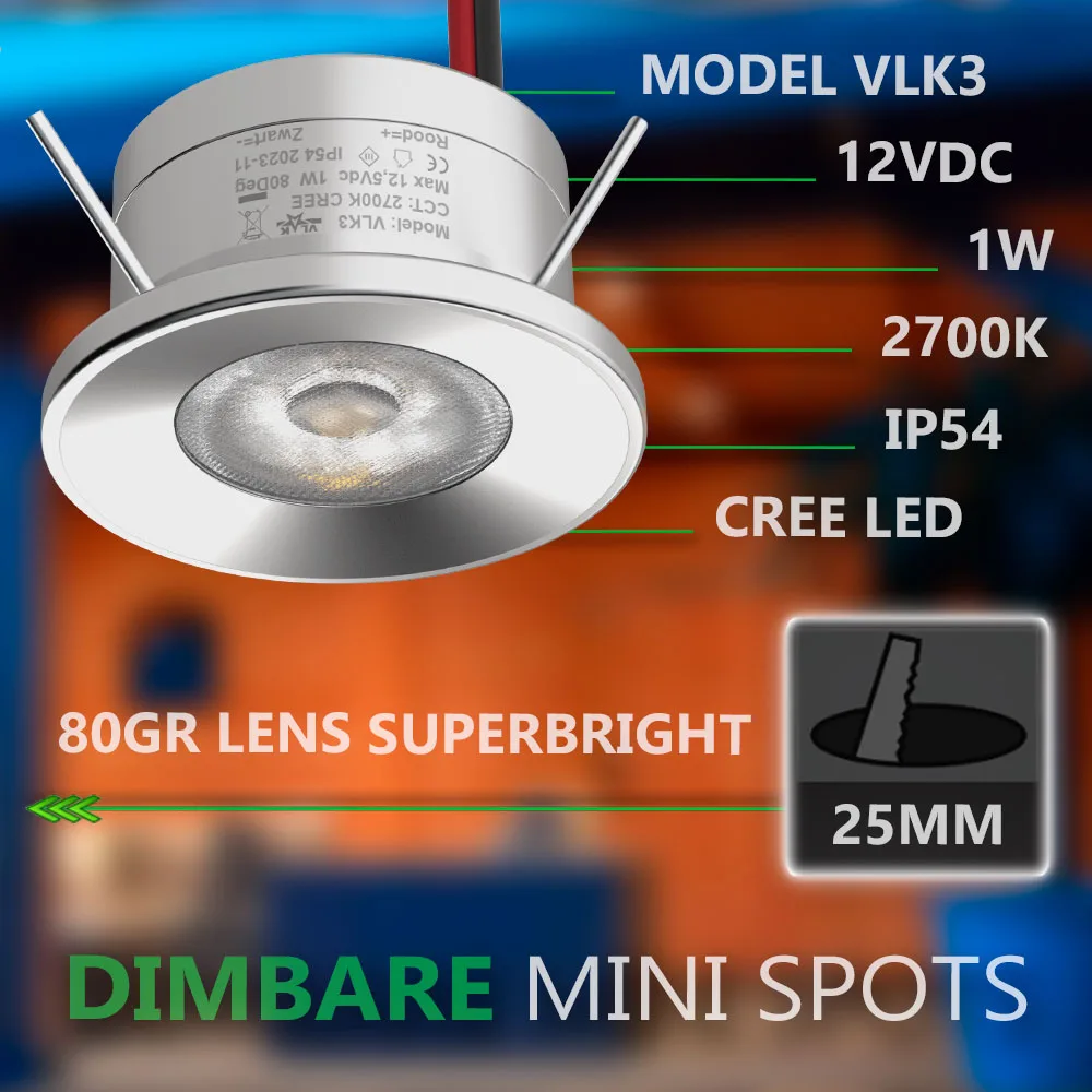 Kleine LED spot inbouw 12V 1W 2700K Dimbaar - Afbeelding 2